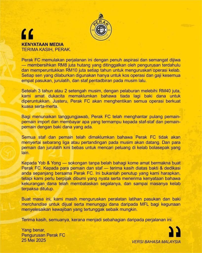 Perak FC Tamatkan Operasi, Kemelut Kewangan Paksa Kelab Legenda Tumbang