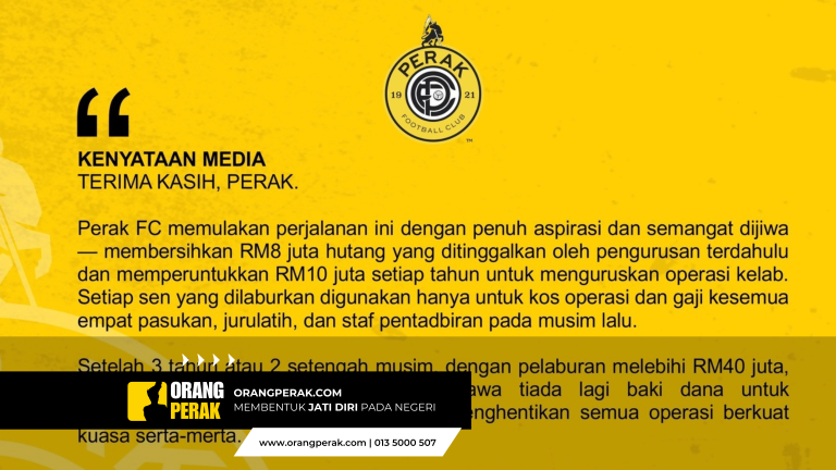 Perak FC Tamatkan Operasi, Kemelut Kewangan Paksa Kelab Legenda Tumbang